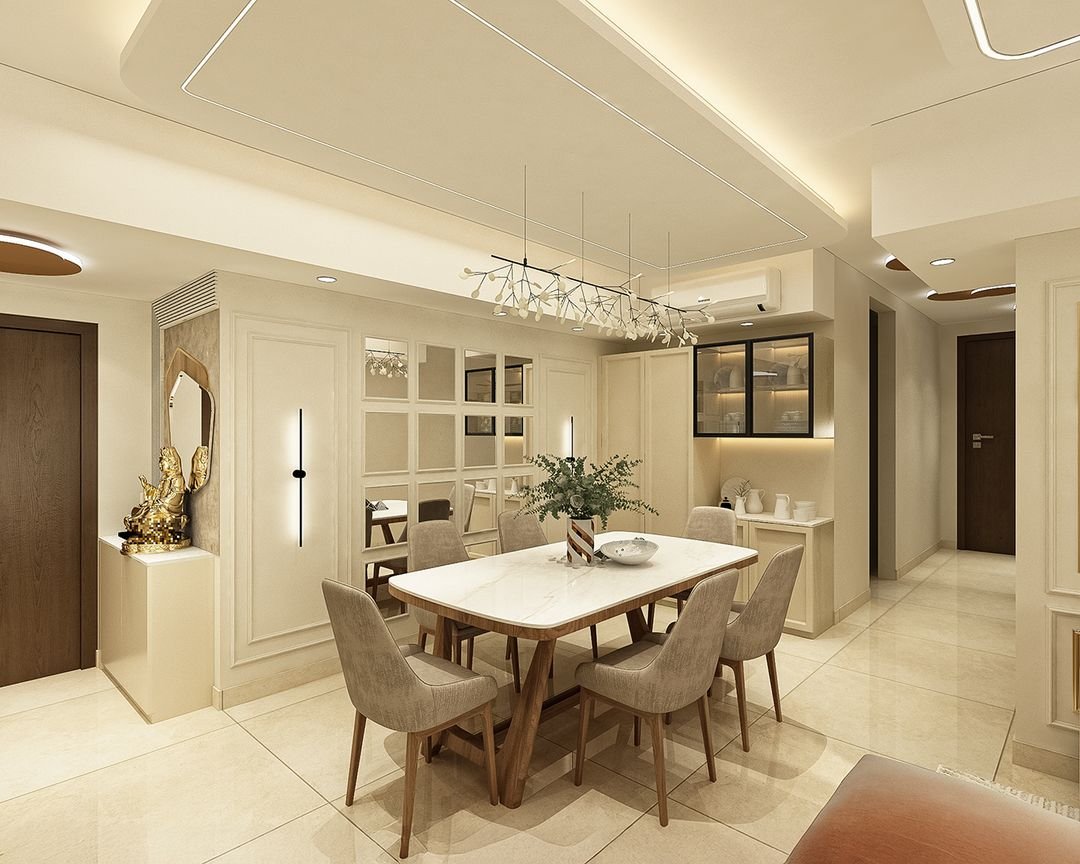 Contemporary White Mirror Grid Wall Design with LED Sconces and Trims