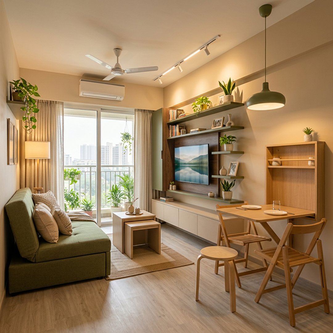 Contemporary Living Room Design with Wall-Mounted Drop-Leaf Dining Desk
