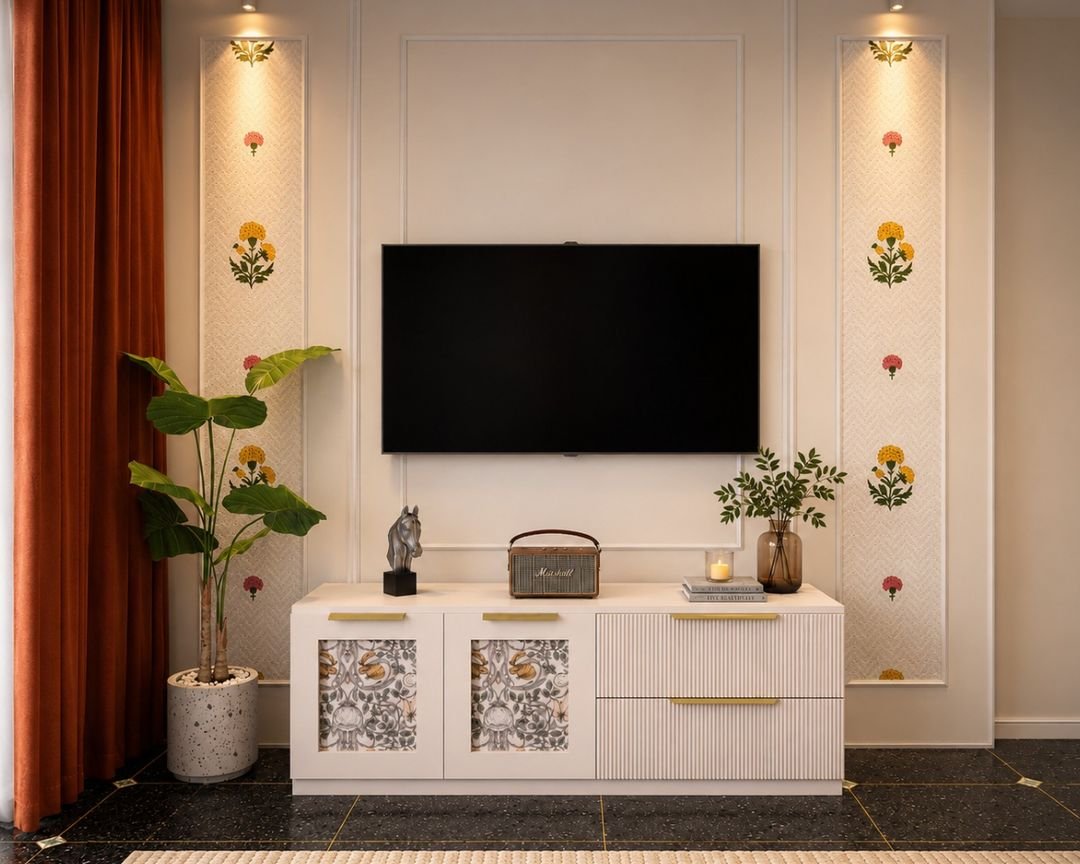 Classic Misty Floral TV Unit Design with Wainscoting and Sand Satin Accent