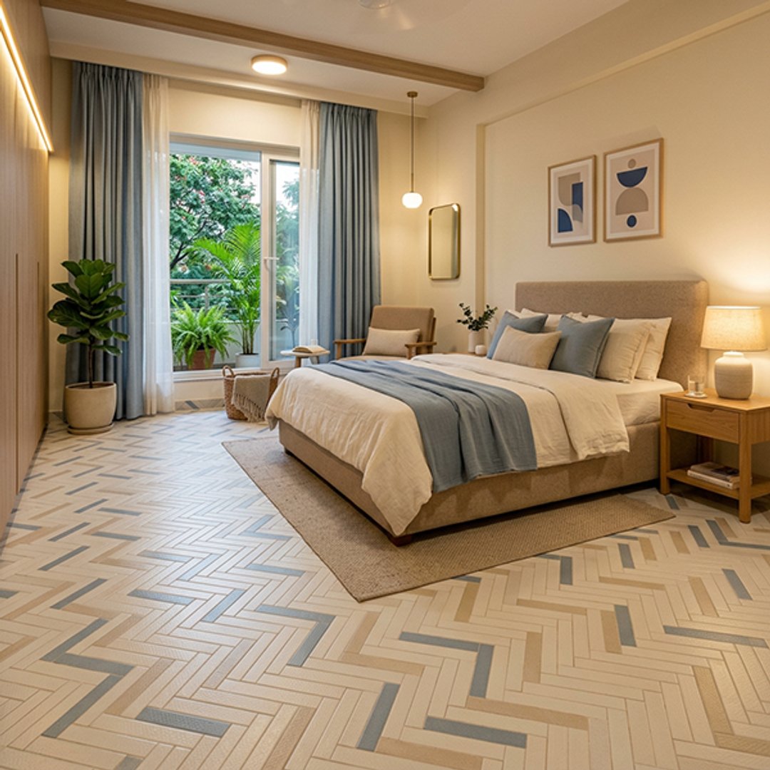 Contemporary Herringbone Plank Tile Flooring Design with Accent Tones